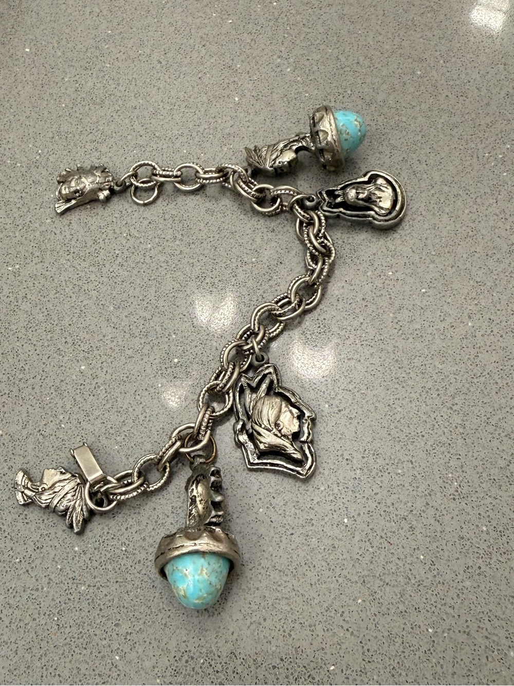 Vintage Silver-Tone Charm Bracelet Turquoise Accents  Native American cabochon